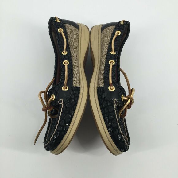 Sperry Top Sider Angelfish Boat Shoes Size 8.5 Black Cheetah Print Gold Loafers - Picture 4 of 8